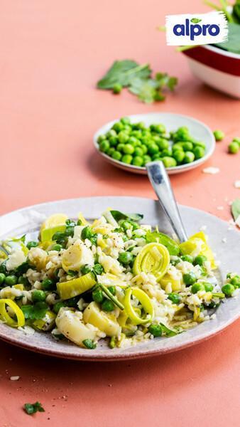 Risotto de ervilhas, grão e abóbora