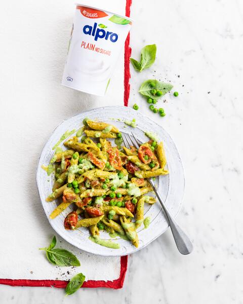 Romige pasta pesto met erwten