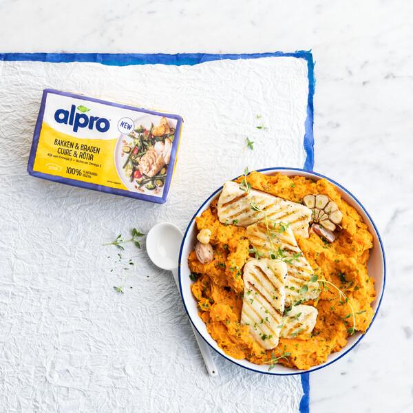 Purée de patates douces et halloumi grillé
