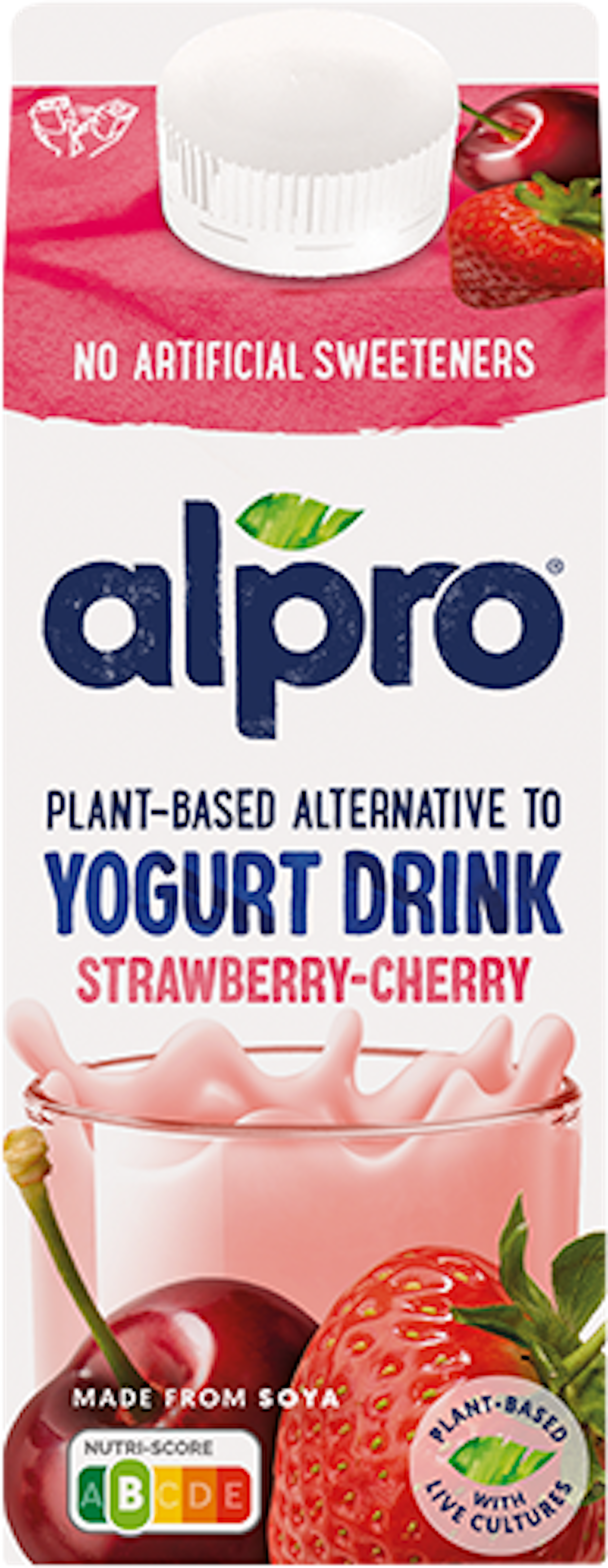 Alpro plantaardige variatie op drinkyoghurt aardbei kers