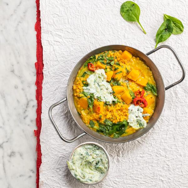 Spinach, Squash & Lentil Dahl with Raita