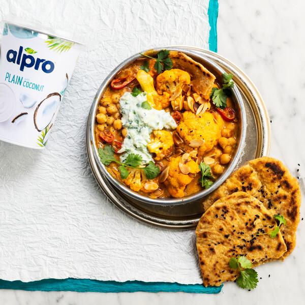 Cauliflower and Chickpea Curry Served with Raita